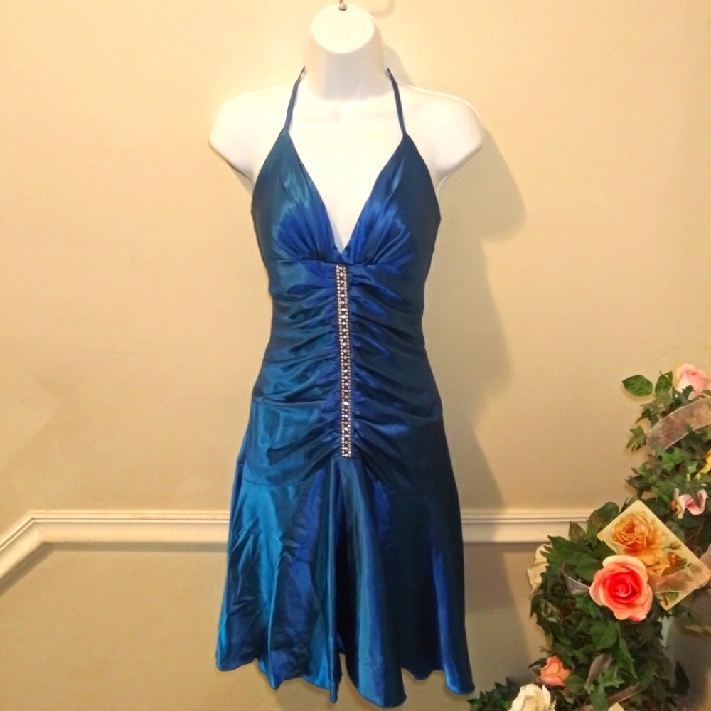 Jessica McClintock Vintage 90's Sexy Blue Satin & Rhinestone Ruched Halter Dress